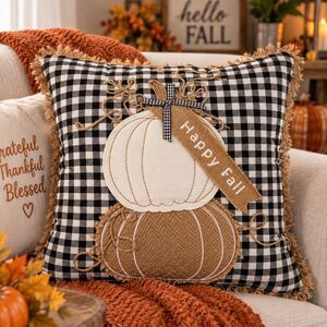 Mapleton Mills 18x18 Fall Throw Pillow Buffalo Check Burlap Pumpkin Decor
